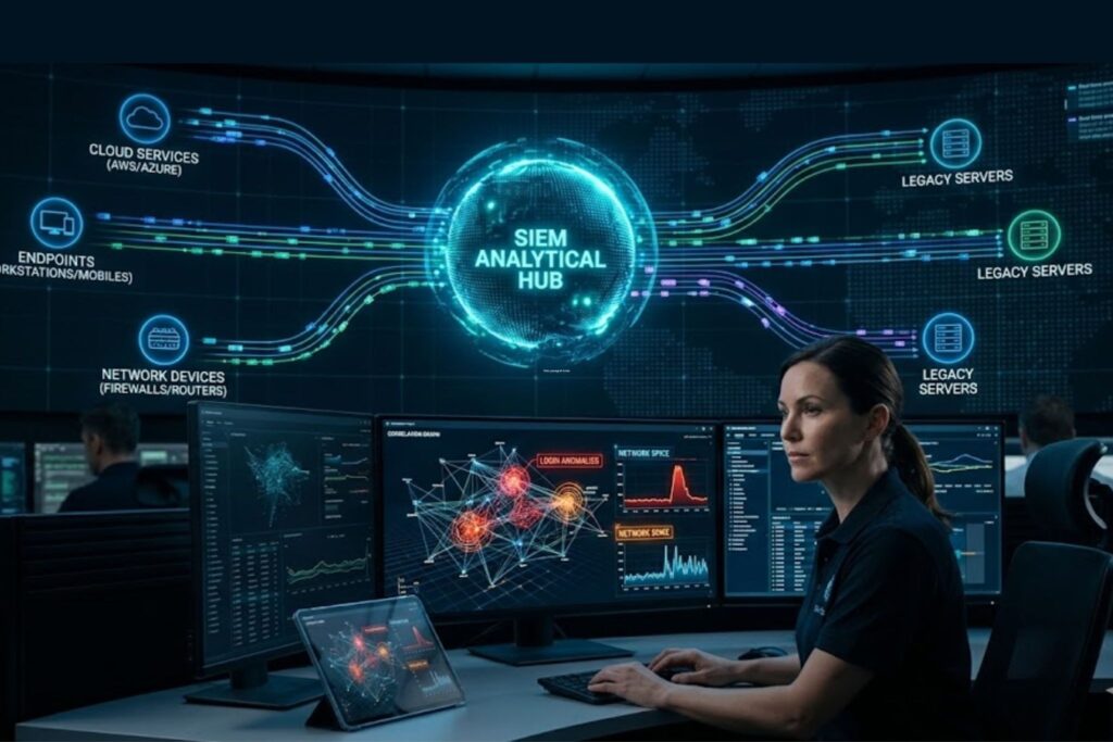 Security analyst reviews network data feeding into a centralized Security Information & Event Management (SIEM) hub.