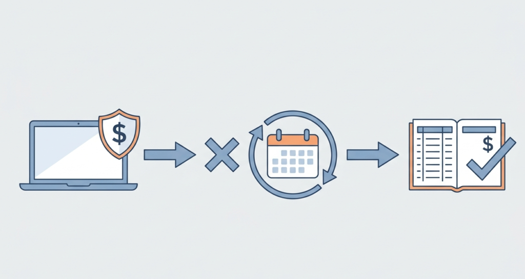 A clean 2D vector formula diagram for calculating annualized loss expectancy ale using laptop and calendar icons. 