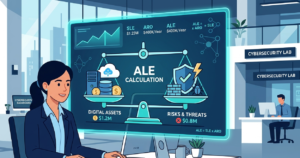 Analyst using dashboard for calculating annualized loss expectancy ale to balance tech assets and cyber risks.