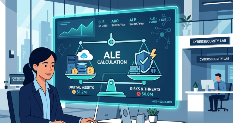 Analyst using dashboard for calculating annualized loss expectancy ale to balance tech assets and cyber risks.