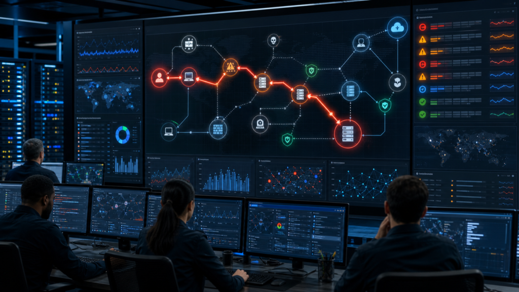 SOC analysts use network threat modeling, SIEM correlation, NDR traffic analysis, endpoint telemetry, and attack path context to prioritize high-risk security alerts.