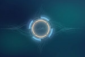 Abstract circular dashboard visualizes core functions siem system explained through glowing data waves.