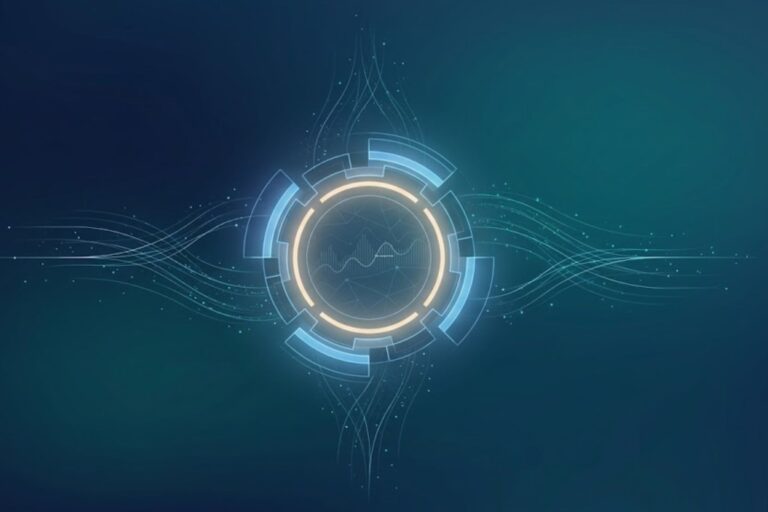 Abstract circular dashboard visualizes core functions siem system explained through glowing data waves.