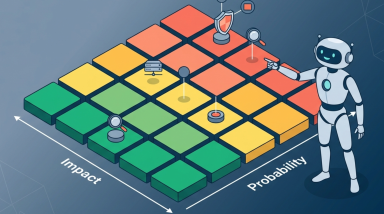 2D risk analysis matrix probability impact layout with robot assistant pointing to critical security zones. 