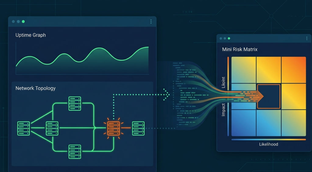 Live network monitoring feeds straight into a 2D risk analysis matrix probability impact screen.