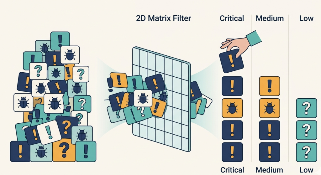 Chaotic digital threat logs sorted into columns via a 2D risk analysis matrix probability impact filter.