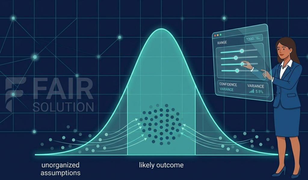 Handling uncertainty with FAIR model quantitative risk analysis bell curve.
