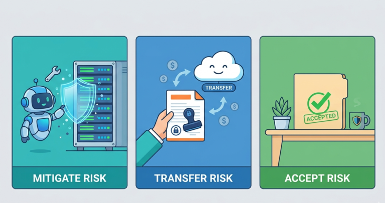 Dashboard showing risk treatment options accept mitigate transfer using clear, segmented flat vector graphics.