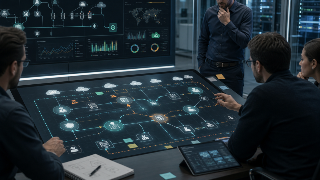 Security architects map assets, data flows, exposed services, third-party connections, trust boundaries, and detection gaps during a practical network threat modeling process.