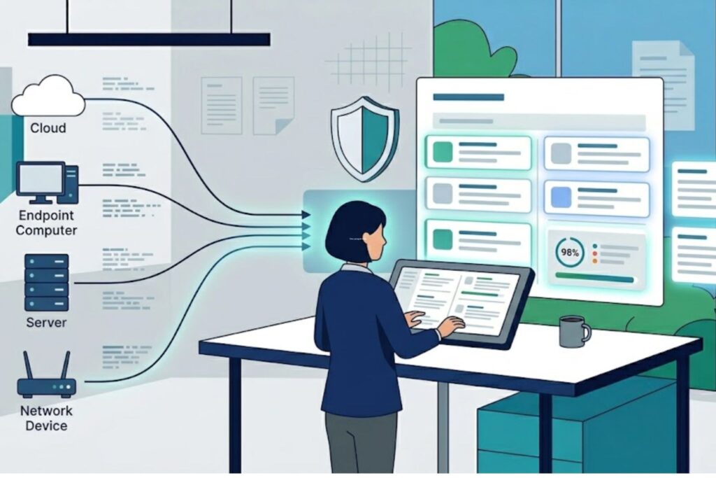 Professional analyzes endpoint and server data illustrating core functions siem system explained clearly.