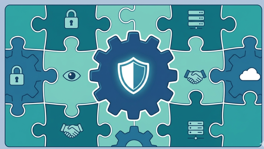 Strategic security puzzle pieces defining core risk treatment options accept mitigate transfer seamlessly. 