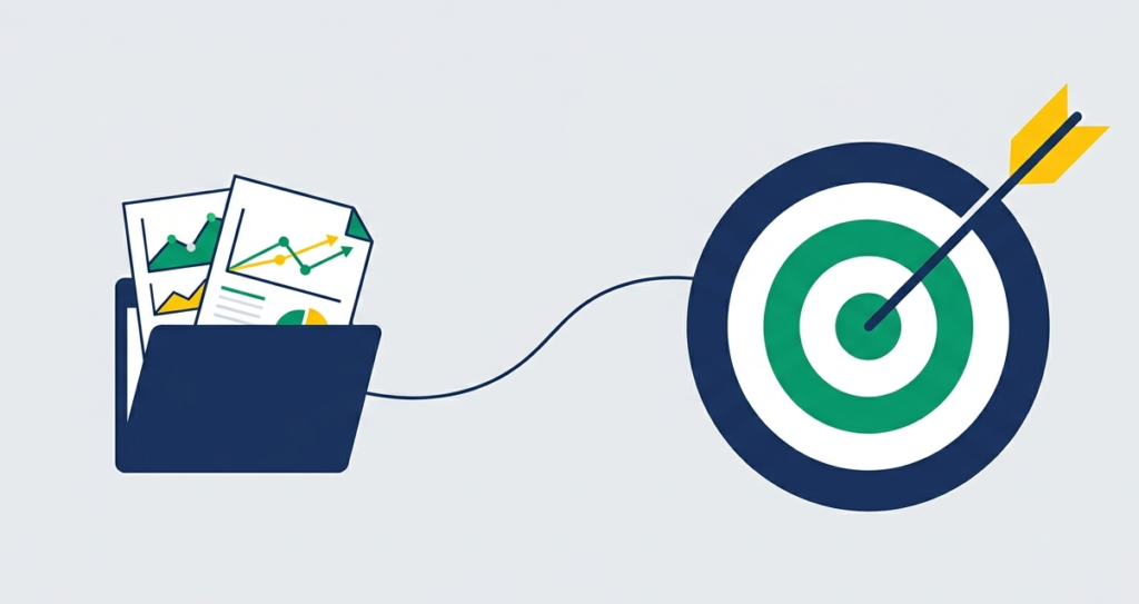 Flat vector of a data folder connected to a target, documenting risk analysis findings report goals