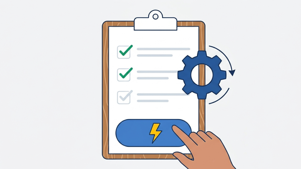 Minimalist clipboard and gear icon for an actionable documenting risk analysis findings report