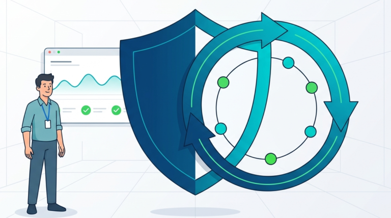 Flat illustration of a cybersecurity analyst next to a shield loop for continuous risk assessment monitoring.