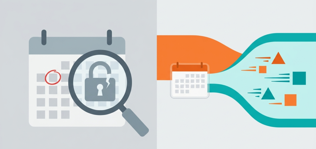 Split vector graphic contrasting periodic calendar checks with a continuous risk assessment monitoring data pipeline.