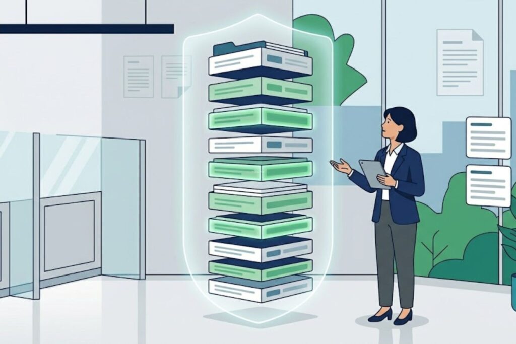 Woman observes protected data stack representing core functions siem system explained in security.