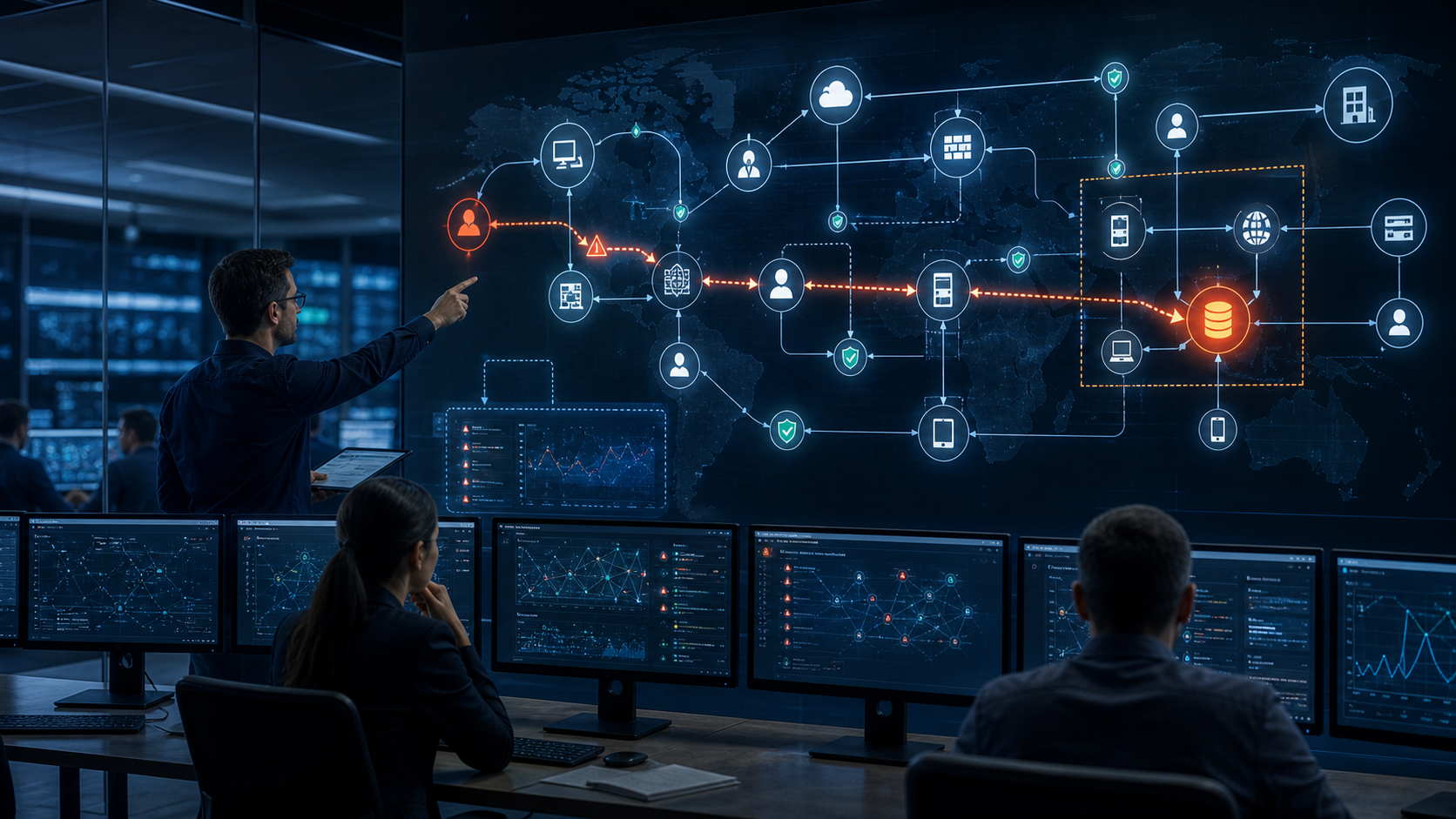 SOC team reviews a network threat modeling process map with attack paths, trust boundaries, critical assets, SIEM alerts, NDR telemetry, and detection coverage for enterprise security planning.