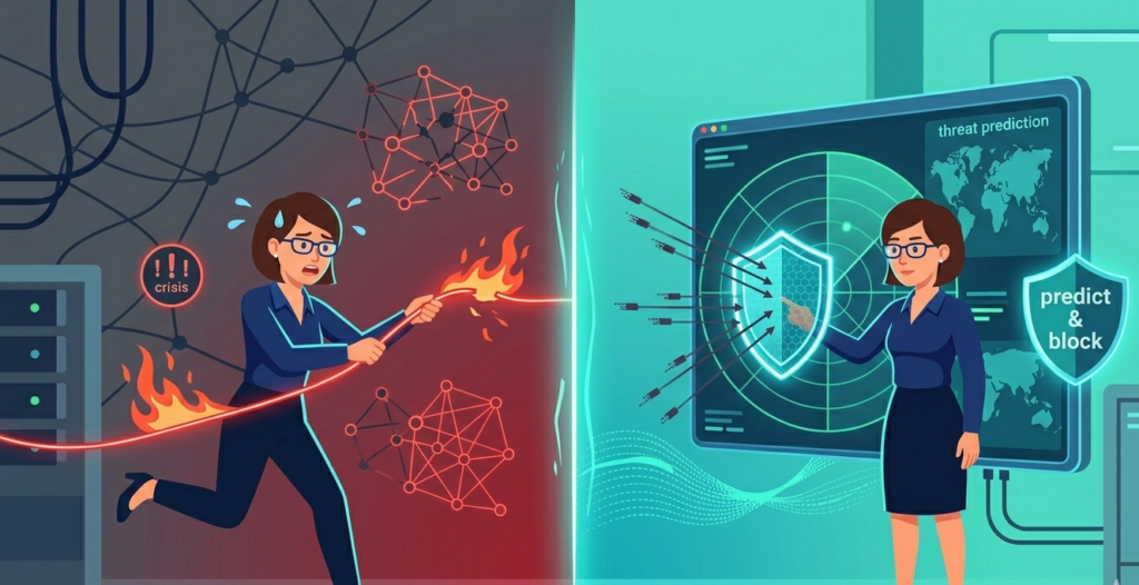 Illustration of network risk analysis tools software features visualizing a complex, red digital threat on a monitor.