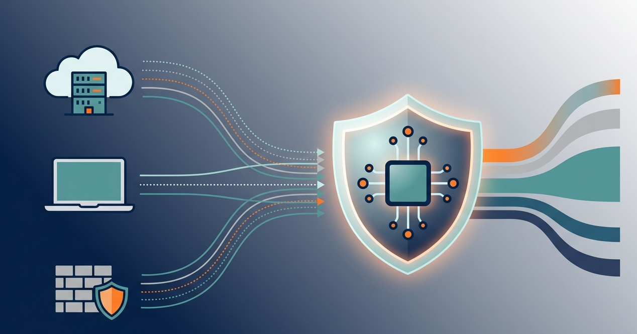 Flat vector showing secure SIEM architecture components deployment models processing clean, organized data streams. 