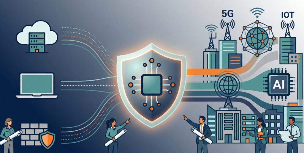Clean 2D illustration of robust cloud SIEM architecture components deployment models protecting an enterprise. 