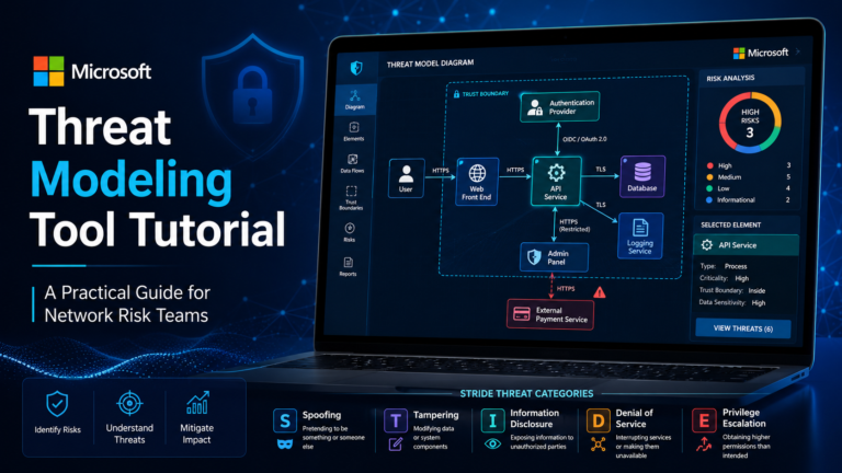 Microsoft Threat Modeling Tool tutorial featured image showing STRIDE categories, trust boundaries, data flows, and risk analysis for network security teams.
