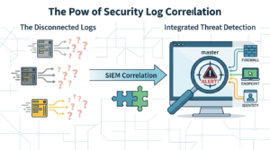 Vector illustration showing disconnected logs converging through SIEM to generate a focused threat alert under a magnifying glass. 