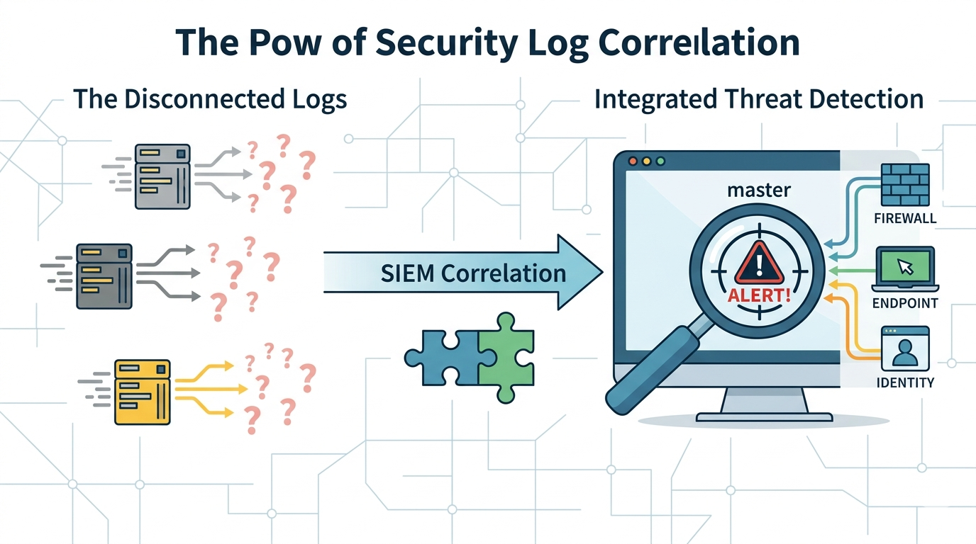 Vector illustration showing disconnected logs converging through SIEM to generate a focused threat alert under a magnifying glass. 