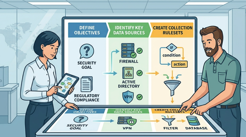 Vector image illustrating SIEM log correlation: turning separated, messy logs into efficient threat alerts. 