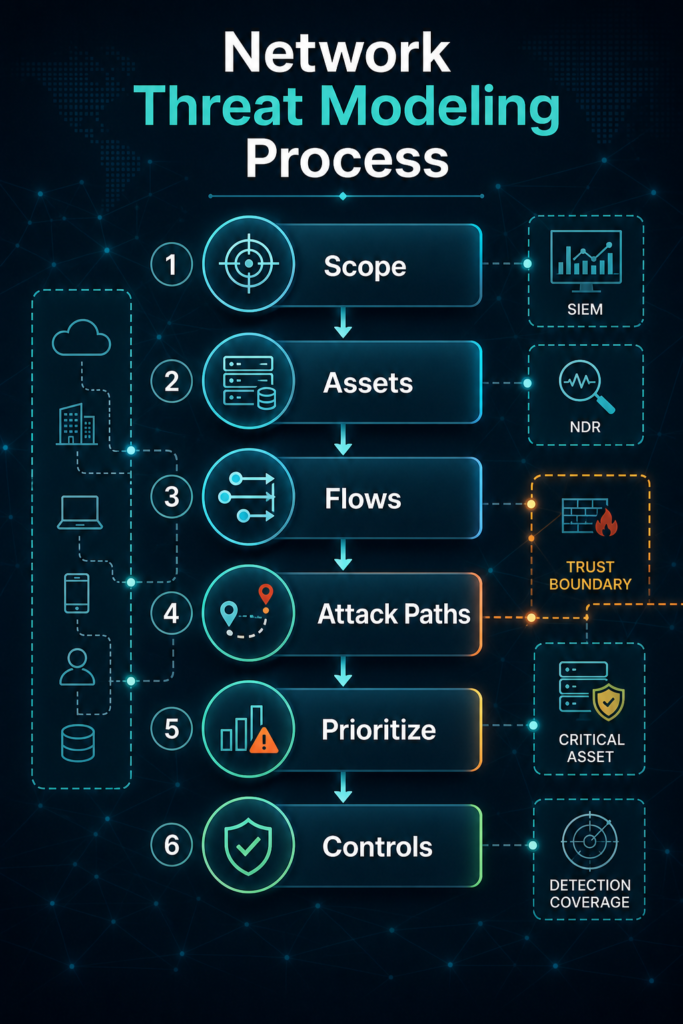 Network threat modeling process infographic showing scope, assets, data flows, attack paths, risk prioritization, and controls for stronger network threat detection coverage.