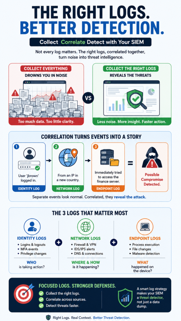 Infographic on log correlation showing separated data streams on the left and a unified alert screen on the right. 