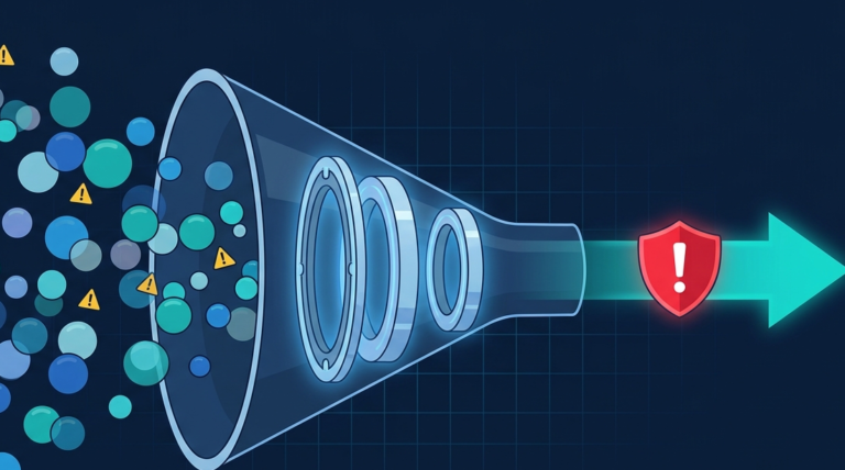 Vector graphic showing data filtered into a threat shield, illustrating siem rule tuning alert management. 