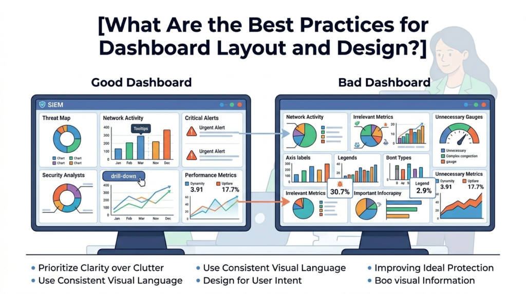 Comparison of effective vs. cluttered siem dashboards security monitoring visualization interfaces. 