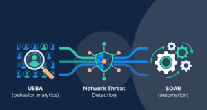 Next generation SIEM capabilities UEBA SOAR and threat detection illustrated in a clean vector dashboard. 