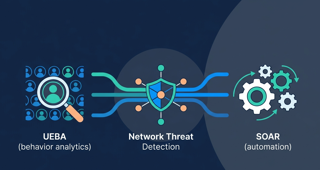 Next generation SIEM capabilities UEBA SOAR and threat detection illustrated in a clean vector dashboard. 