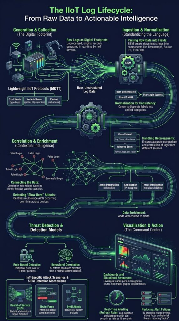 Infographic diagram covers core functions siem system explained across the IIoT log lifecycle.