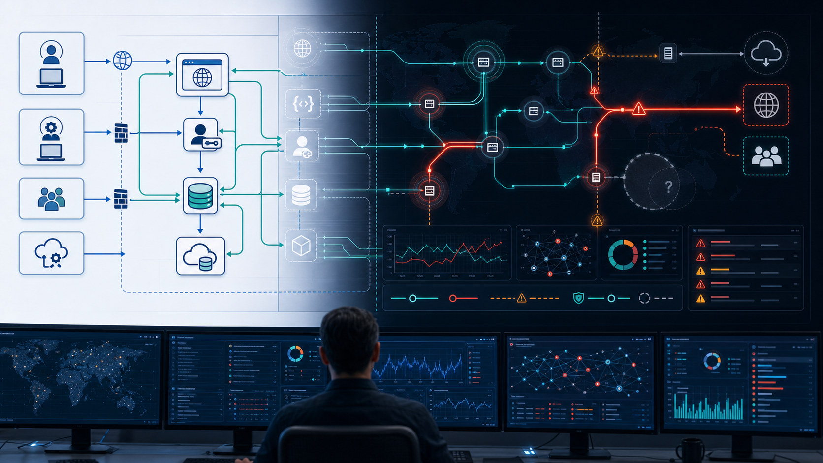 SOC observability image comparing expected DFD data flows with live network traffic, abnormal paths, sensor gaps, SIEM alerts, NDR telemetry, and detection coverage.