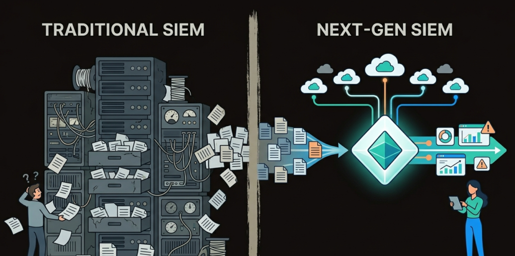 2D vector graphic showing next generation SIEM capabilities UEBA SOAR and automated network security tools. 
