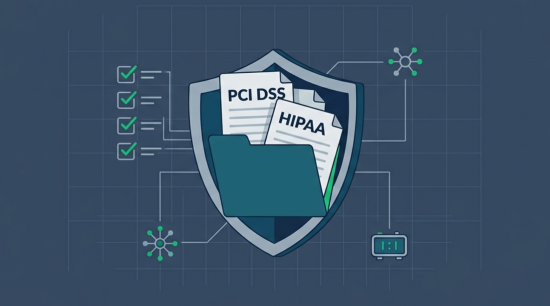 SIEM compliance reporting features PCI HIPAA visualized with organized audit document shield on grid. 