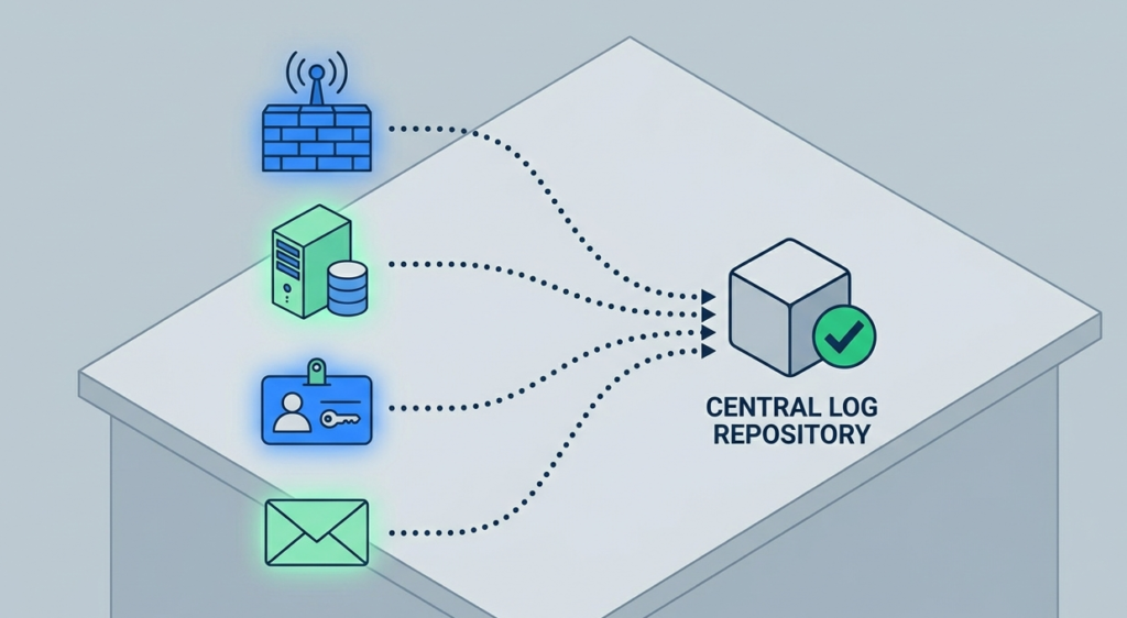 Organized audit logs illustrating SIEM compliance reporting features PCI HIPAA on a secure shield. 