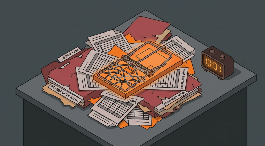 Vector illustration showing SIEM compliance reporting features for automated PCI and HIPAA audits. 