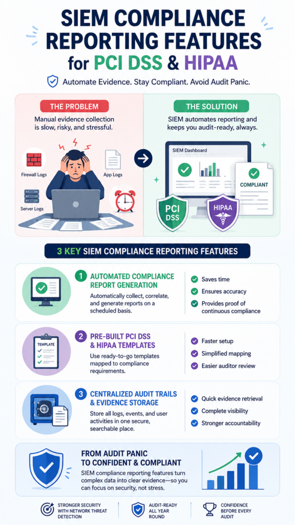 SIEM compliance reporting features PCI HIPAA infographic with checklists and automated network nodes. 