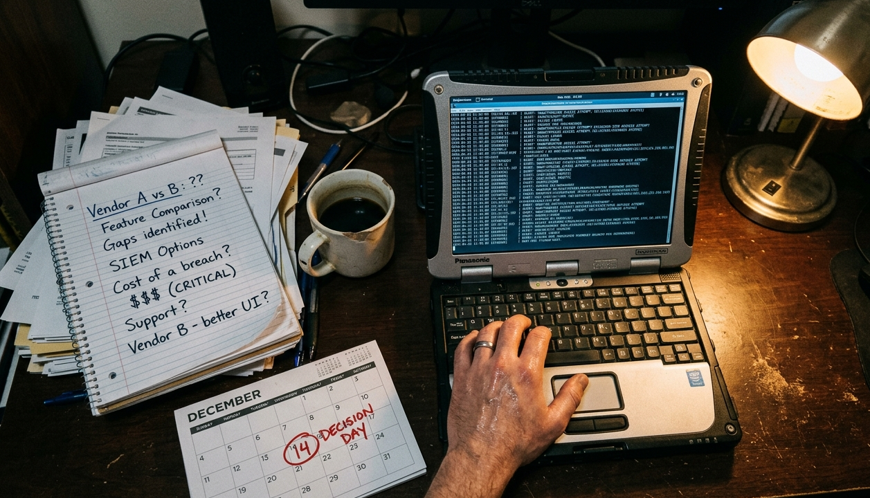 IT admin reviews notes and logs, choosing right siem solution vendor to avoid gaps. 