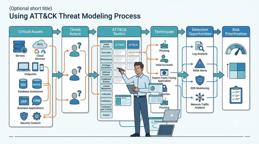 Applying the MITRE ATT&CK Framework in threat modeling, mapping assets to actors, tactics, and risk prioritization.