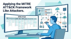 Applying the MITRE ATT&CK Framework, analyst reviews tactics matrix and security dashboards on dual monitors.