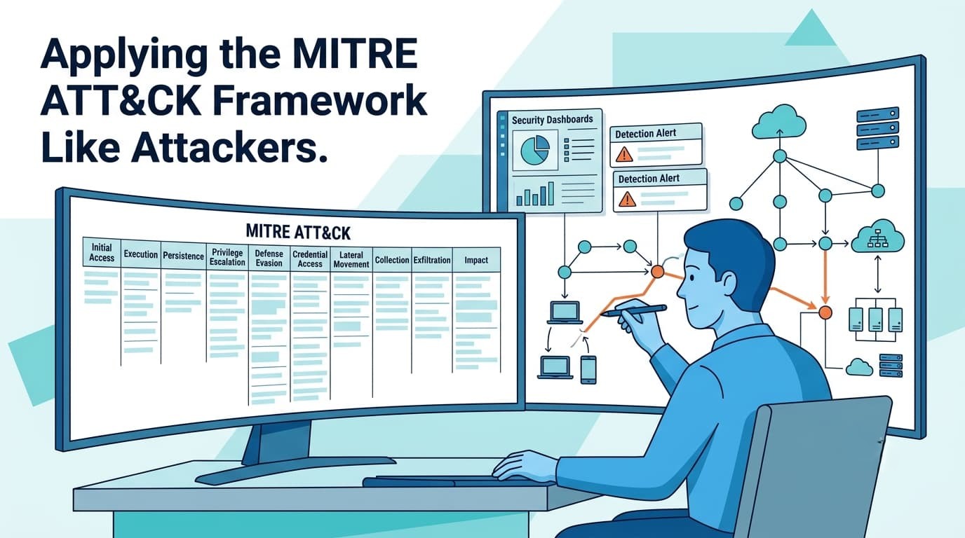 Applying the MITRE ATT&CK Framework, analyst reviews tactics matrix and security dashboards on dual monitors.