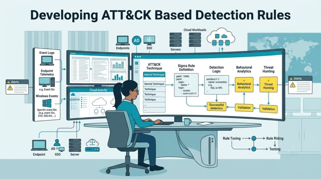 Applying the MITRE ATT&CK Framework to build detection rules from endpoint telemetry and behavioral analytics.