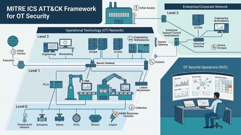 Applying the MITRE ATT&CK Framework for ICS, mapping attacker movement across OT networks and enterprise systems.