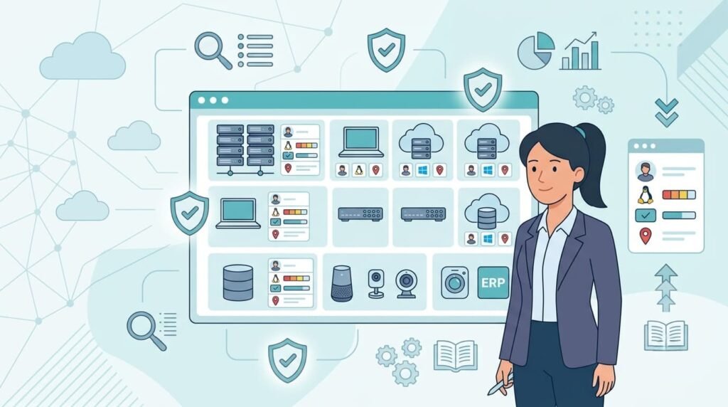Asset Management & Vulnerability Context illustration of IT professional monitoring device inventory dashboard