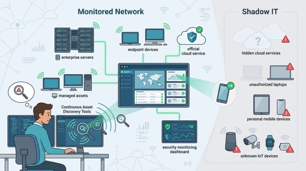 Asset Management & Vulnerability Context dashboard comparing monitored network assets to shadow IT risks