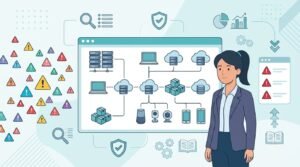 Asset Management & Vulnerability Context concept showing network mapping amid scattered vulnerability alerts